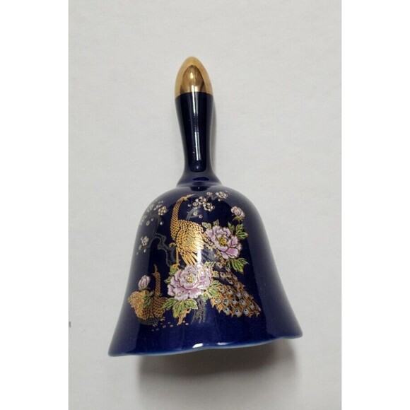 Decorative Collectible Porcelain Oriental Bell 5.5" Navy Blue Gold Pink Peacock - Picture 2 of 5